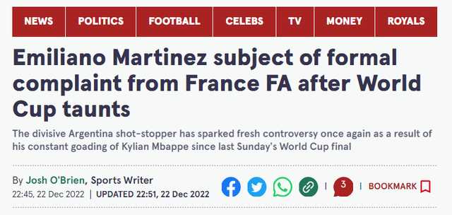 阿根廷门将夺冠后多次嘲弄姆巴佩，法国足协主席正式投诉